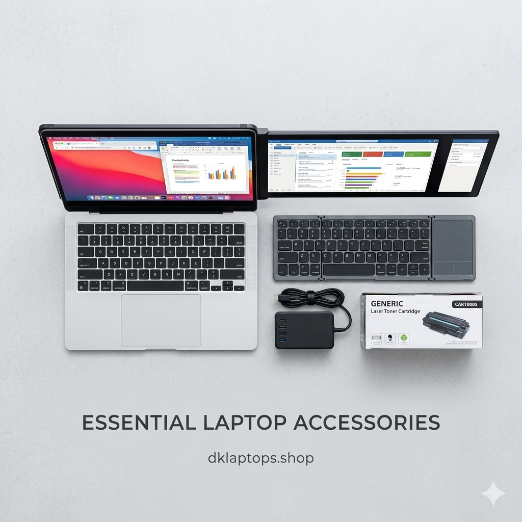 Selection of laptop productivity accessories including screen extenders at DK Laptops Nairobi store.