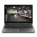 An HP laptop shown open against a plain white background, with the screen turned on and displaying a classroom scene. The product itself is dark gray with black keyboard and screen bezel.