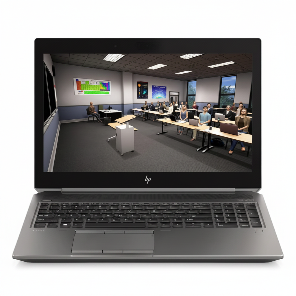 An HP laptop shown open against a plain white background, with the screen turned on and displaying a classroom scene. The product itself is dark gray with black keyboard and screen bezel.