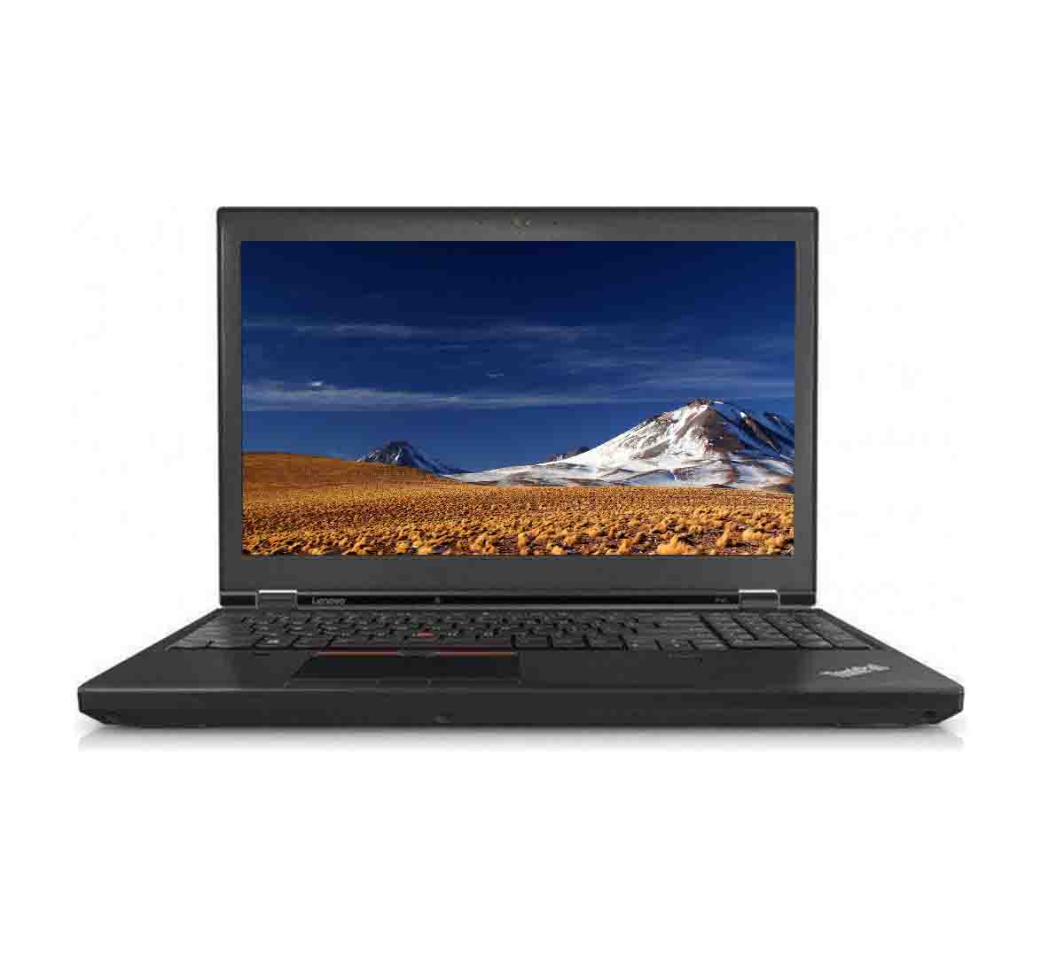 A black Lenovo ThinkPad laptop shown open against a plain white background, with the screen displaying a mountain landscape wallpaper.